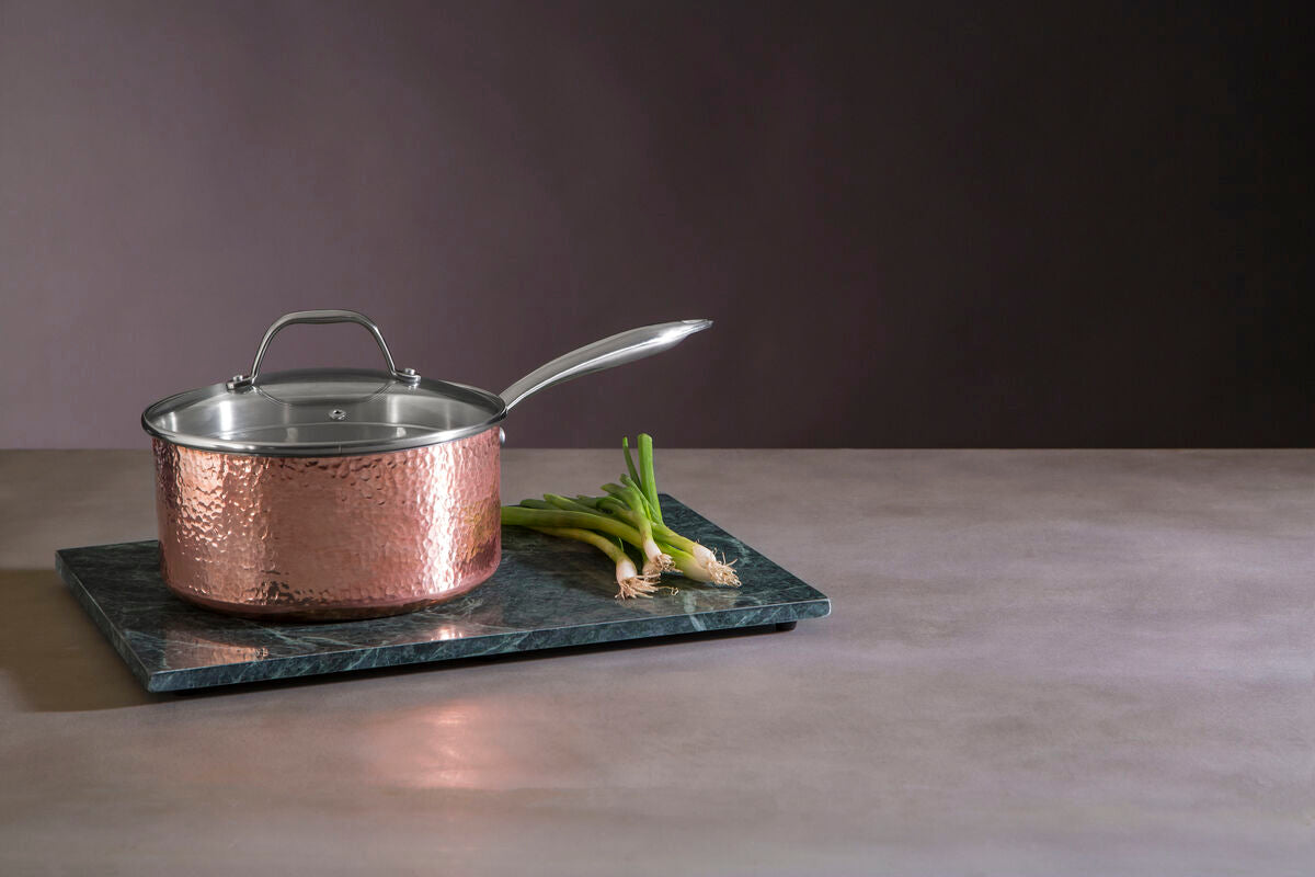 Minerva 20cm Hammered Copper Finish Saucepan with Glass Lid