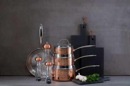 Minerva 20cm Hammered Copper Finish Saucepan with Glass Lid