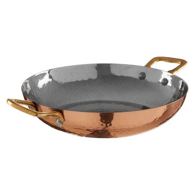 Side view of the copper balti dish showing the brass handle