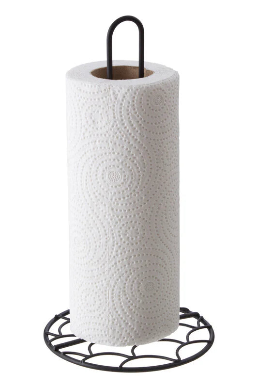 Roll of paper towels on a Vertex Matte Black Kitchen Roll Holder against a white background