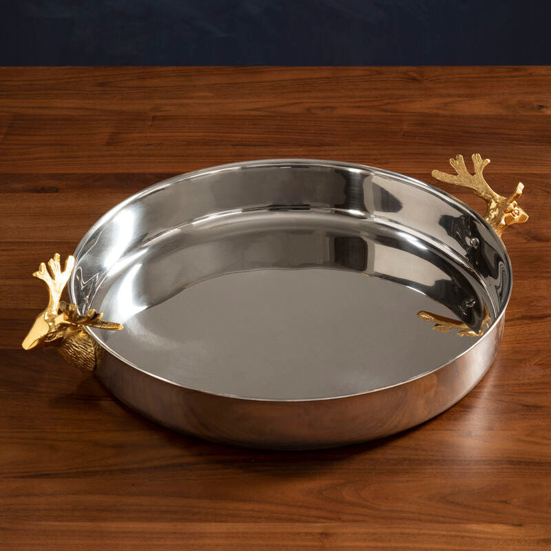 Atholl stainless steel serving tray with stag head handles, 36cm