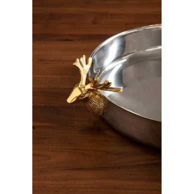 Side view of the Atholl serving tray showing the gold stag handle