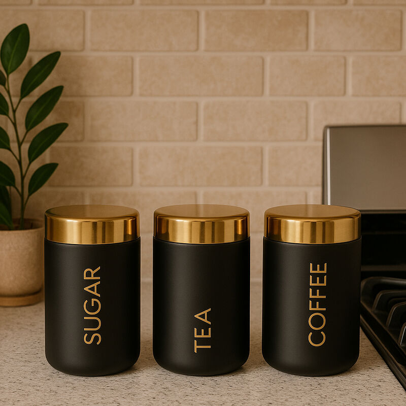 Liberty Set Of 3 Black Enamel Tea Coffee And Sugar Canisters