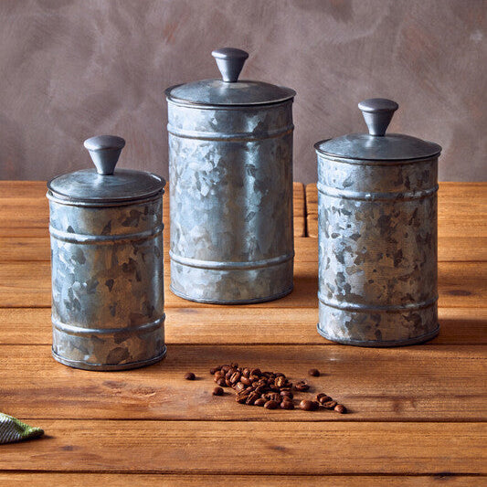 Drummond Set Of Three Galvanised Steel Canisters
