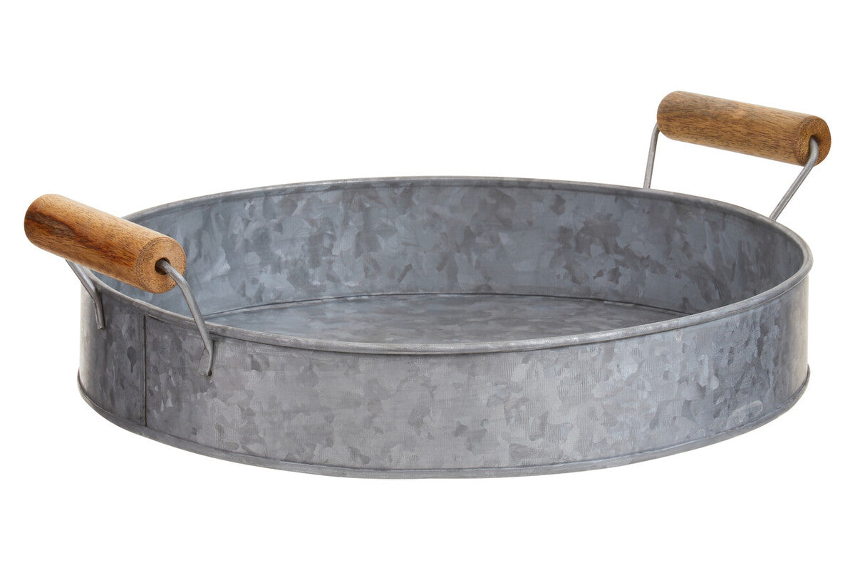 Drummond Round Galvanised Steel Tray With Wood Handles