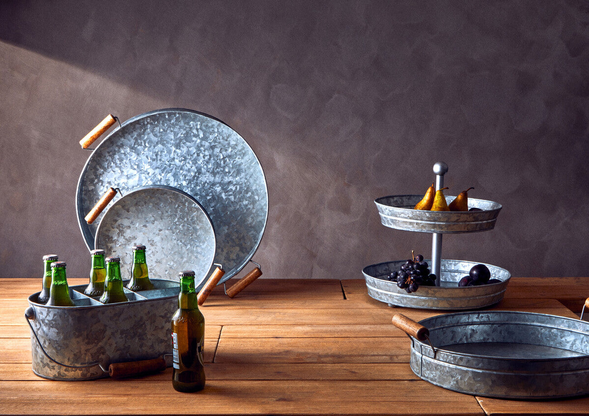 Drummond Round Galvanised Steel Tray With Wood Handles