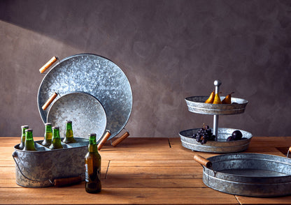 Drummond Round Galvanised Steel Tray With Wood Handles