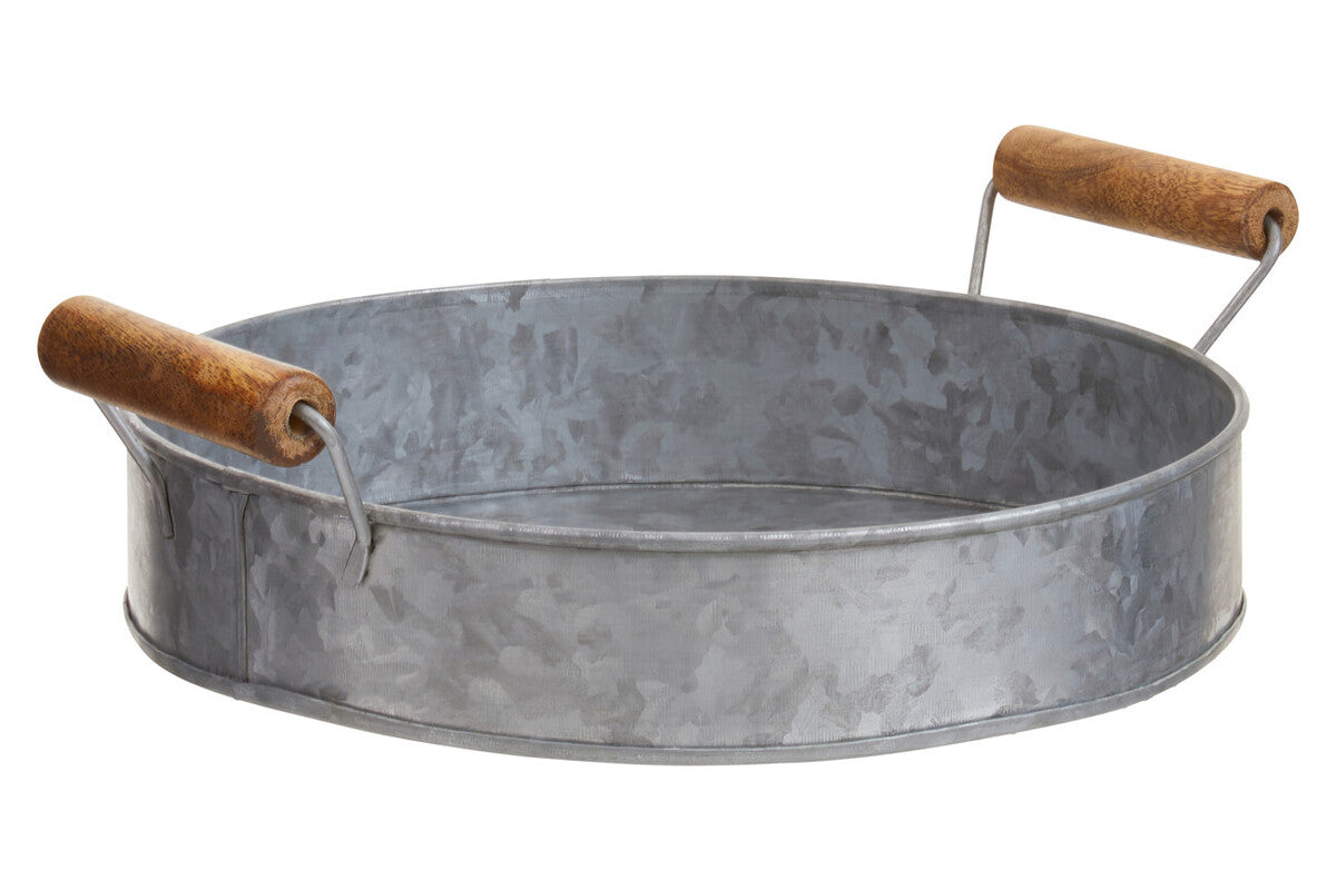 Drummond Galvanised Steel Round Tray With Wood Handles