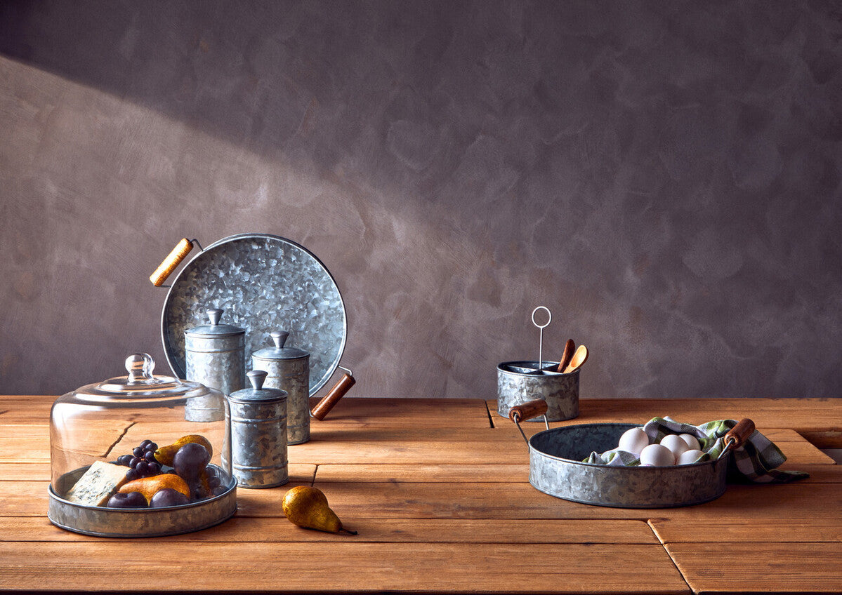 Drummond Galvanised Steel Round Tray With Wood Handles