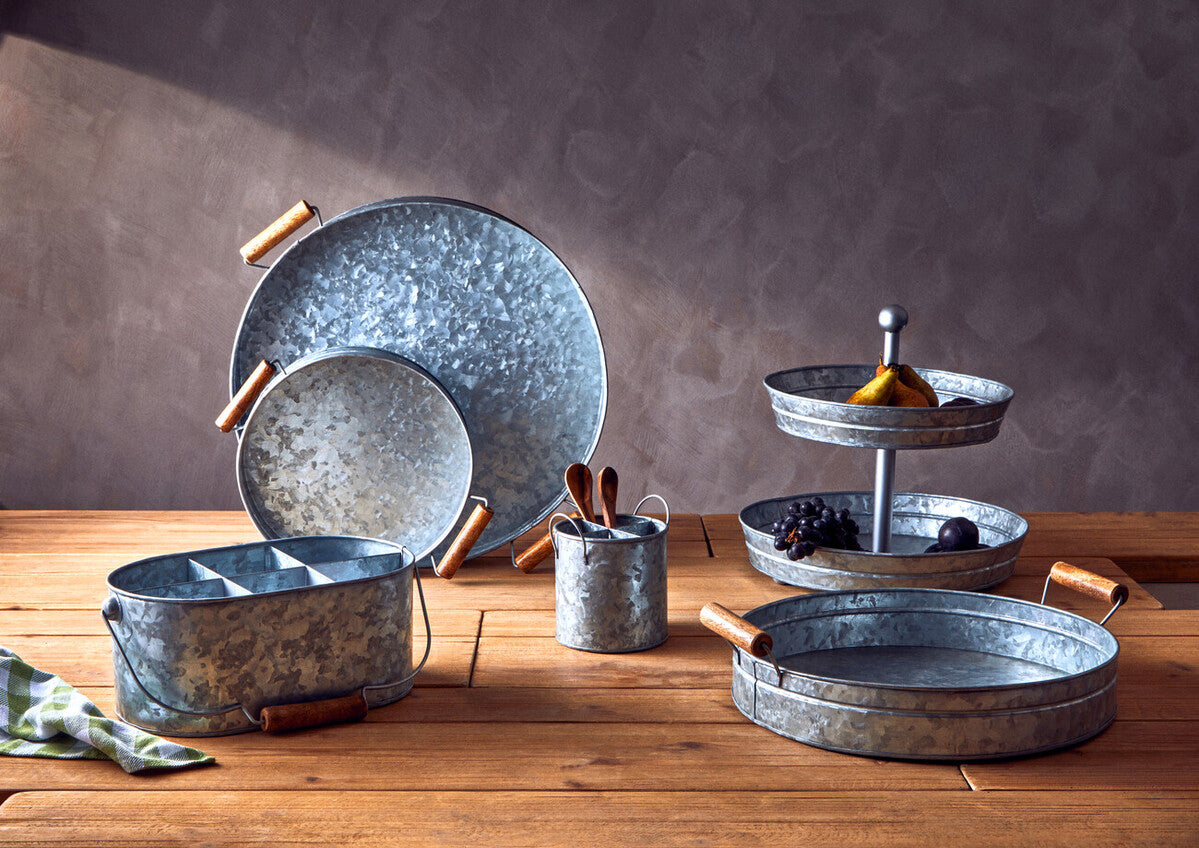 Drummond Galvanised Steel Round Tray With Wood Handles