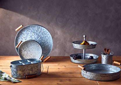 Drummond Galvanised Steel Round Tray With Wood Handles
