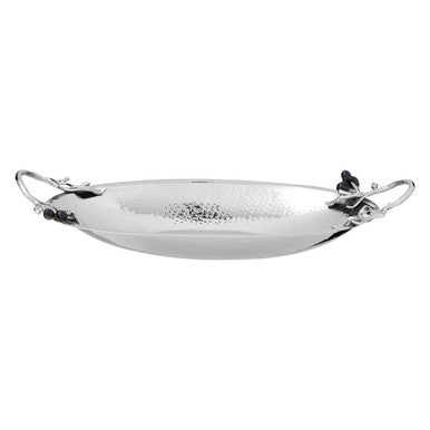 Oval silver serving dish shown from above