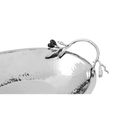 Silver grapes serving dish styled with fruit