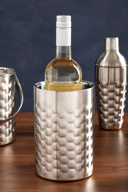 Honey Bee Wine Cooler with a bottle of white wine on a wooden surface.