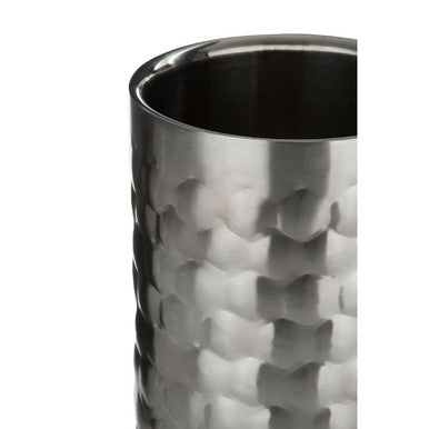 Close-up of a Honey Bee Wine Cooler with a brushed-silver finish and a dark interior, set against a plain white background.