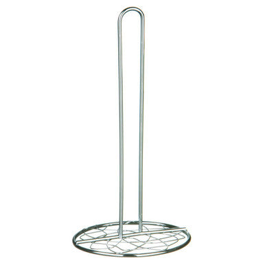 Helix Chrome Kitchen Roll Holder stand with a circular base and curved handle on a white background