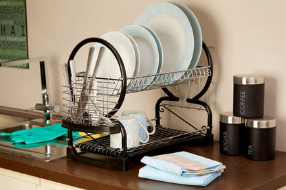Black Enamel Coated Frame 2 Tier Dish Drainer | Laurie