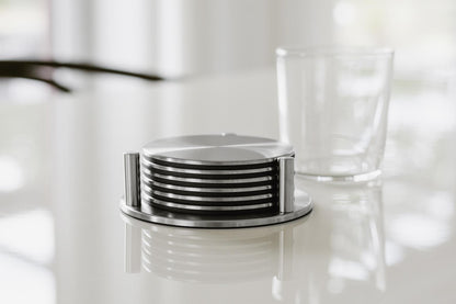 Zack Regio Brushed Stainless Steel Coaster Set with Stand | Set of 6
