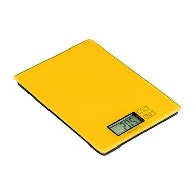 Yellow digital kitchen scale on a white background