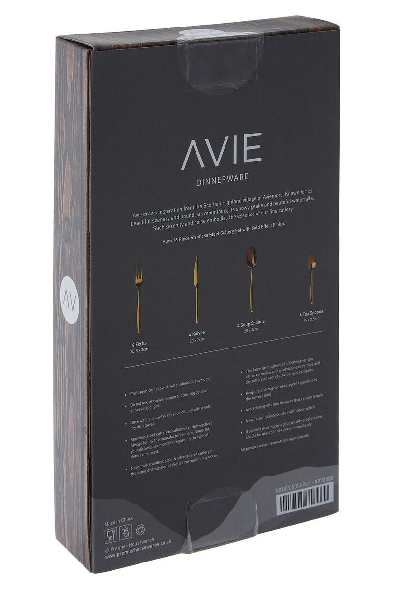 Avie Aura 16 Piece Gold Cutlery Set
