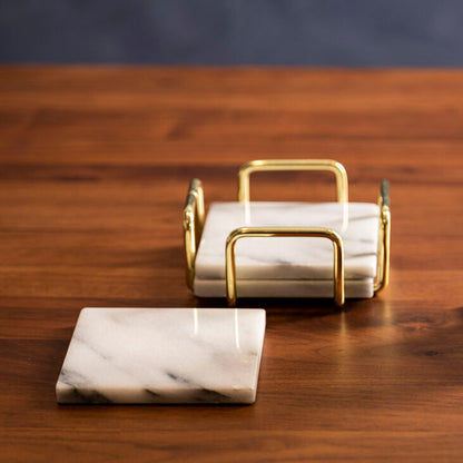 Set of 4 White Marble Coasters with Brass Finish Holder | Delphine