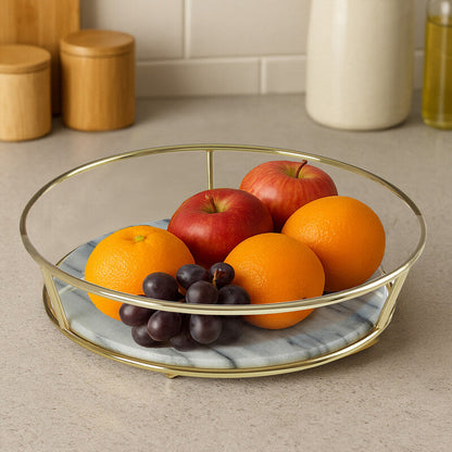 Delphine White Marble and Brass Iron Fruit Basket