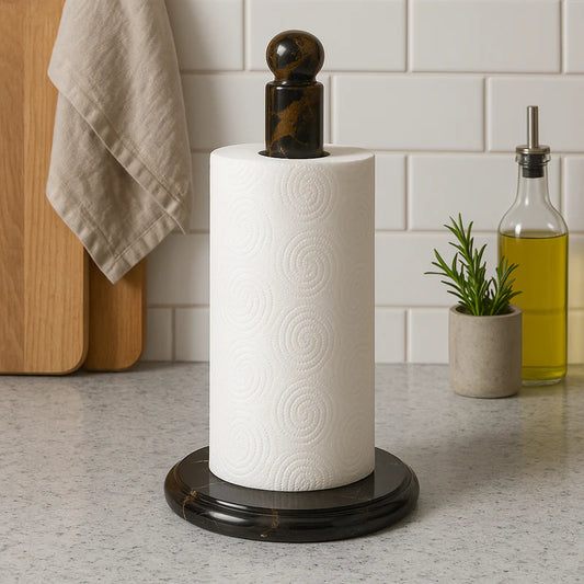 Marmore Black & Gold Marble Kitchen Roll Holder on a counter top with a tiled background