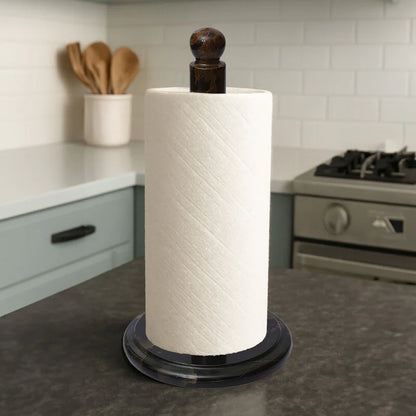 Roll of paper towels on a stand in a kitchen setting