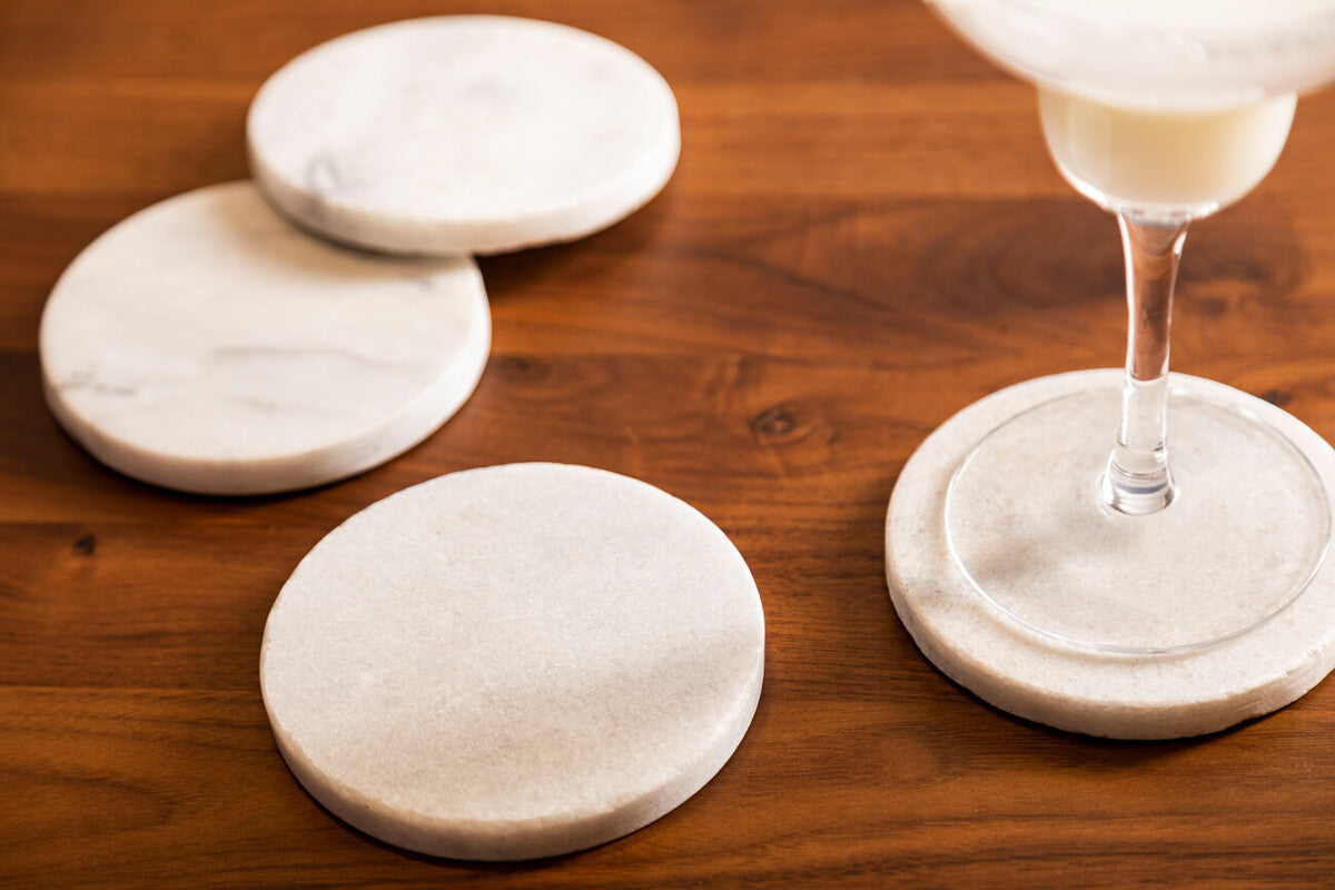 Set of 4 White Marble Round Coasters | Kindia