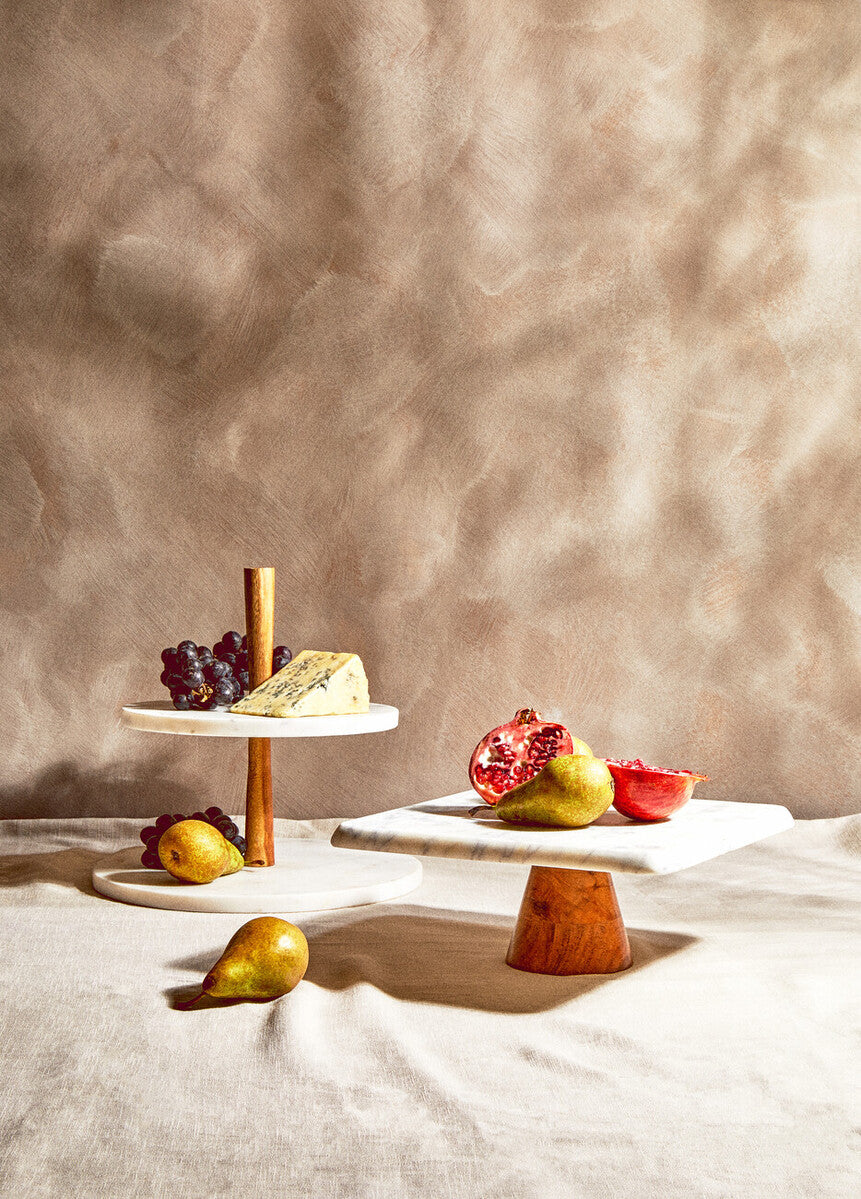 Monzaro White Marble and Acacia Wood Cake Stand