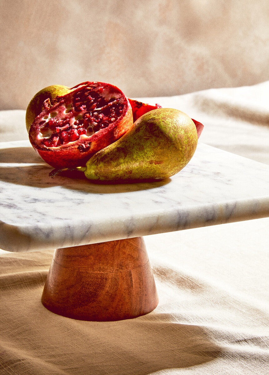Monzaro White Marble and Acacia Wood Cake Stand
