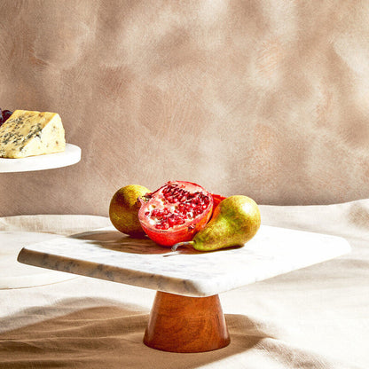 Monzaro White Marble and Acacia Wood Cake Stand
