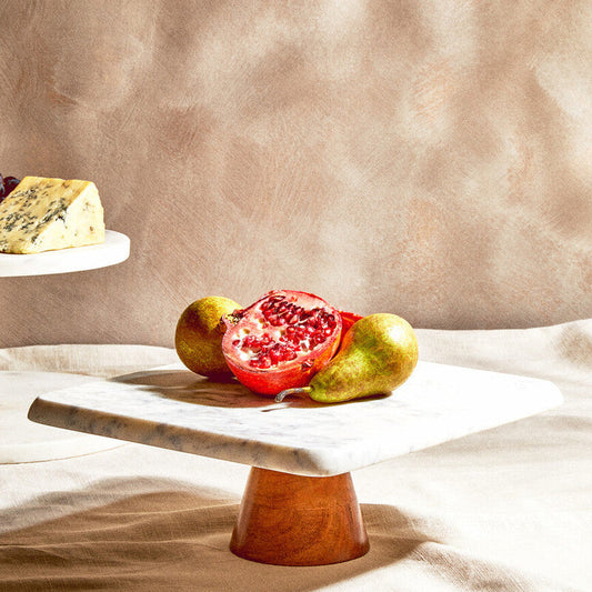 Monzaro White Marble and Acacia Wood Cake Stand