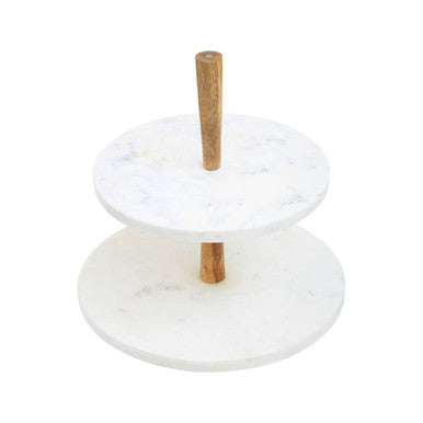 Monzaro Two-Tier Marble and Acacia Wood Cake & Cheese Stand