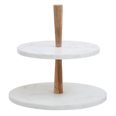 Monzaro Two-Tier Marble and Acacia Wood Cake & Cheese Stand