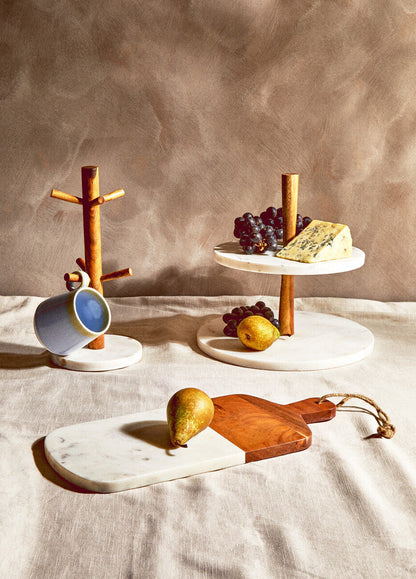Monzaro Two-Tier Marble and Acacia Wood Cake & Cheese Stand