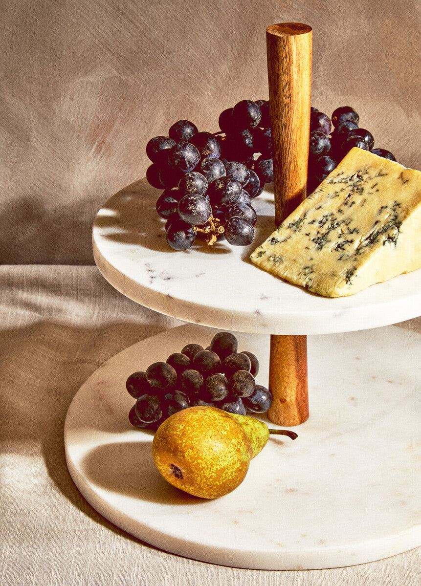Monzaro Two-Tier Marble and Acacia Wood Cake & Cheese Stand
