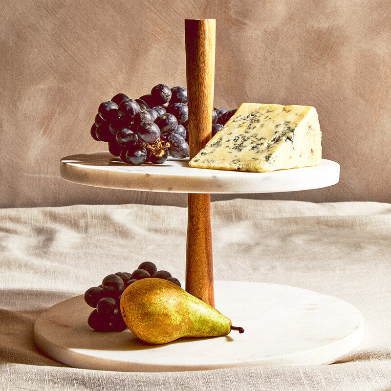 Monzaro Two-Tier Marble and Acacia Wood Cake & Cheese Stand