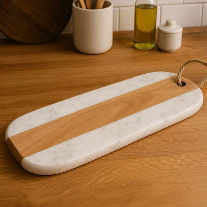 Monzaro Oblong White Marble And Acacia Wood Board