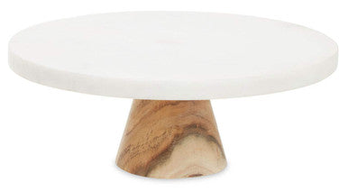 Monzaro Round White Marble and Acacia Wood Cake Stand