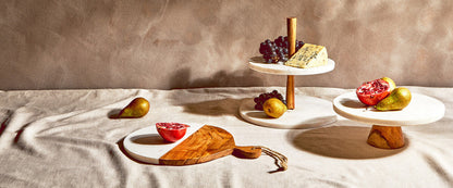 Monzaro Round White Marble and Acacia Wood Cake Stand