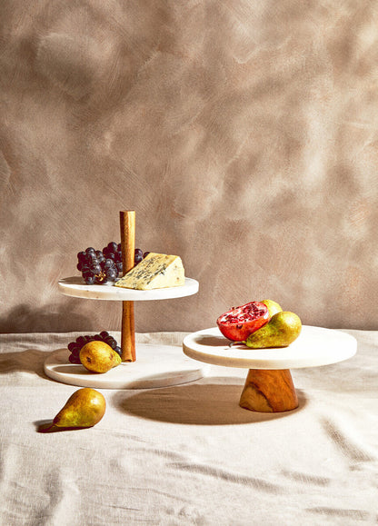 Monzaro Round White Marble and Acacia Wood Cake Stand