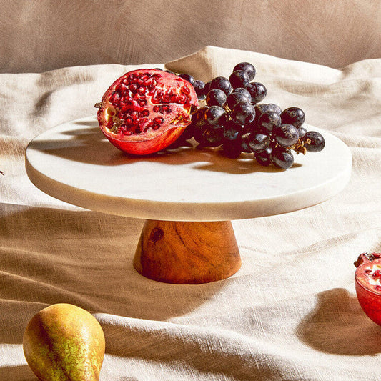 Monzaro Round White Marble and Acacia Wood Cake Stand