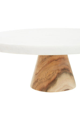Monzaro Round White Marble and Acacia Wood Cake Stand