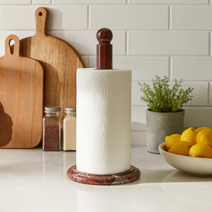 Salmo Red & White Marble Kitchen Roll Holder on a counter top with a tiled background