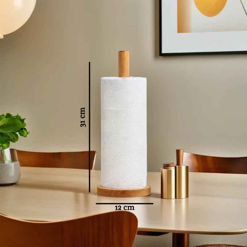 Paper towel holder with measurements on a dining table