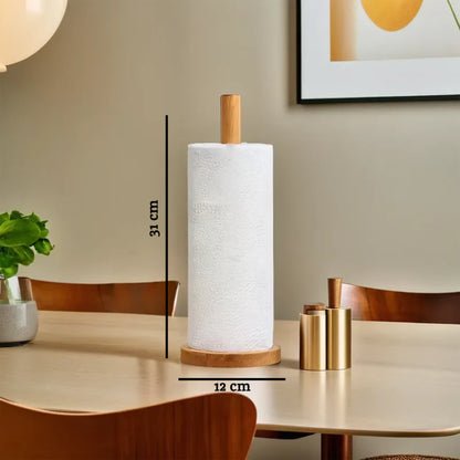 Paper towel holder with measurements on a dining table