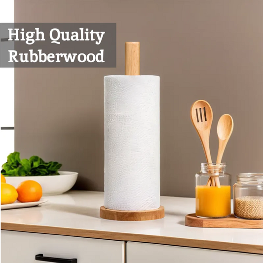 Wooden paper towel holder on a kitchen counter with high quality rubberwood text
