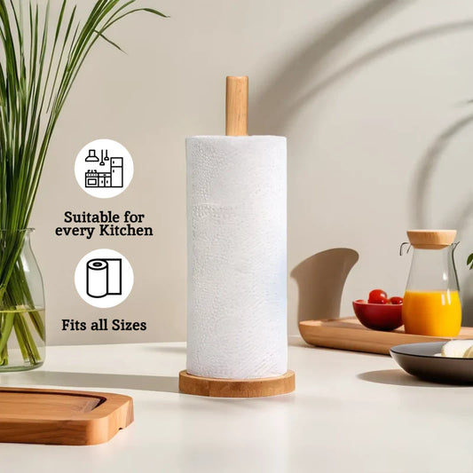 Paper towel holder on a kitchen counter with text indicating suitability for all kitchens and paper towel sizes.