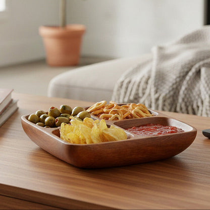 Kora acacia four section serving dish styled with snacks